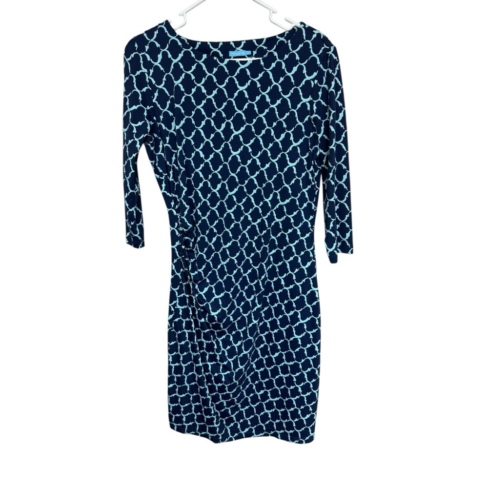 J McLaughlin Navy Trellis Print Faux Wrap Dress Large - Picture 7 of 7